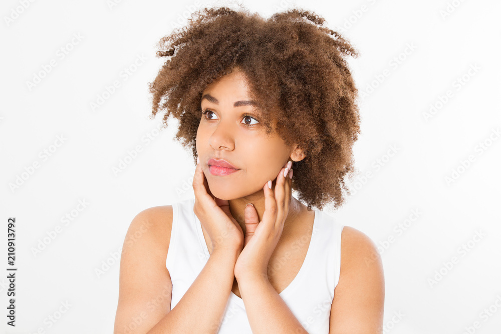 Beautiful young african american woman isolated on white background. Copy space. Mock up. Skin care, spa and make up concept. Summer time. Afro girl curly hair Beautiful young african american woman isolated on white background. Copy space. Mock up. Skin care, spa and make up concept. Summer time. Afro girl curly hair