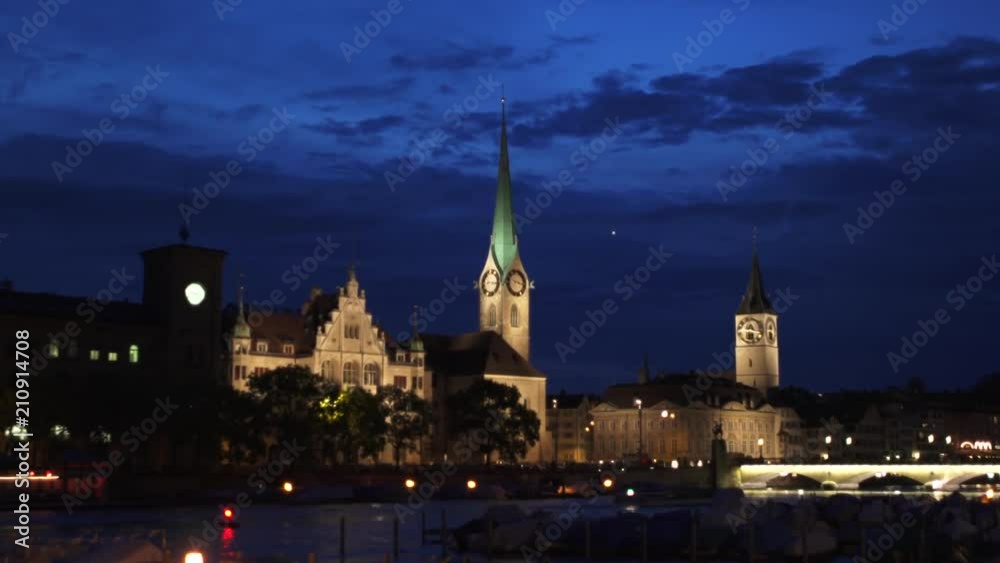 Timelapse of the Zurich, Switzerland skyline and river at Night. Timelapse of the Zurich, Switzerland skyline and river at Night.