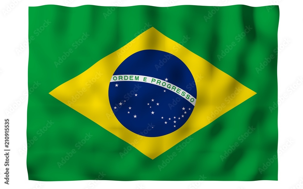 Fototapeta premium Waving flag of Brazil. Ordem e Progresso. Order and progress. Rio de Janeiro. South America. State symbol. 3D illustration
