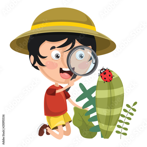 Vector Illustration Of Kid Using Magnifier