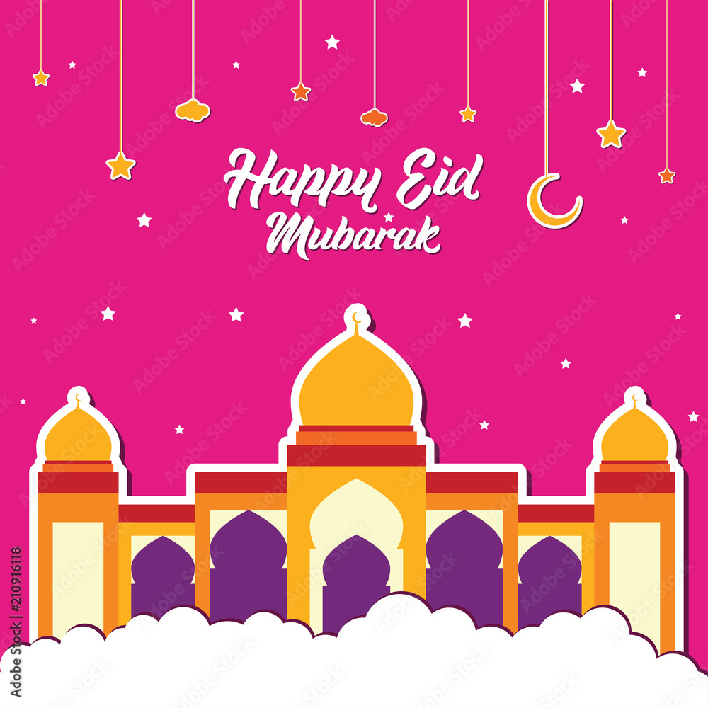 Mosque Flat Illustration. Happy Eid Mubarak Greeting Card design with Mosque vector Illustration. Happy Eid Mubarak Greeting Card Background. Happe Eid Mubarak. Flat Design.