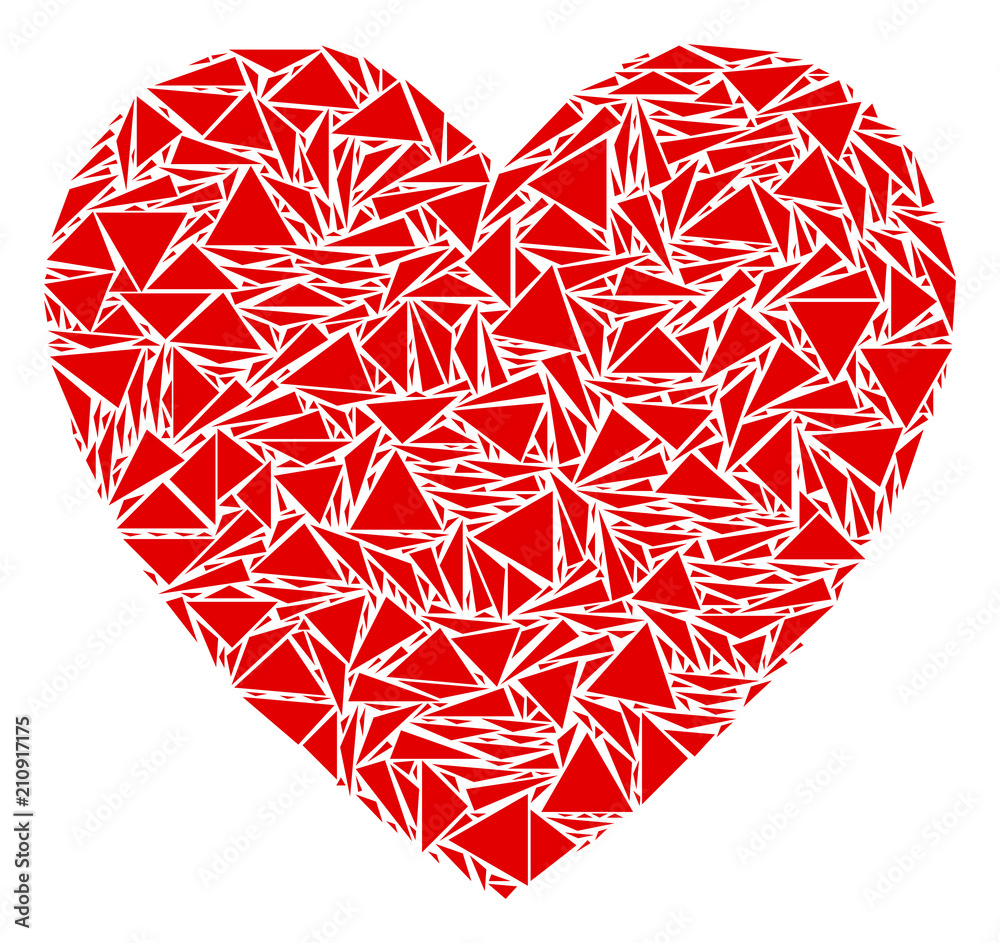 Love heart collage of triangle elements in different sizes shapes. Vector triangles are organized into love heart illustration. Geometric abstract vector illustration. Stock-vektor | Adobe Stock