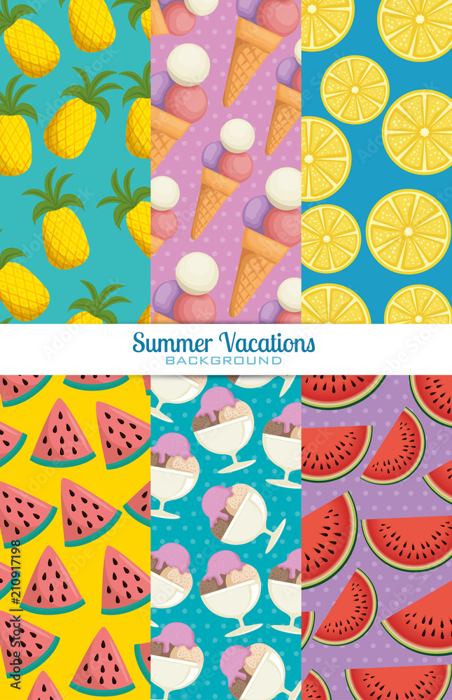 fresh fruits set patterns backgrounds vector illustration design