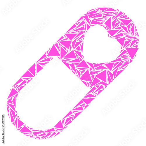 Love granule mosaic of triangle items in different sizes and shapes. Vector polygons are grouped into love granule mosaic. Geometric abstract vector illustration.