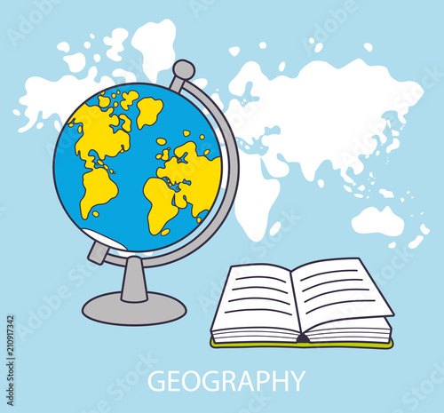 Globe and open book in front of world map background, geography lesson icon concept.