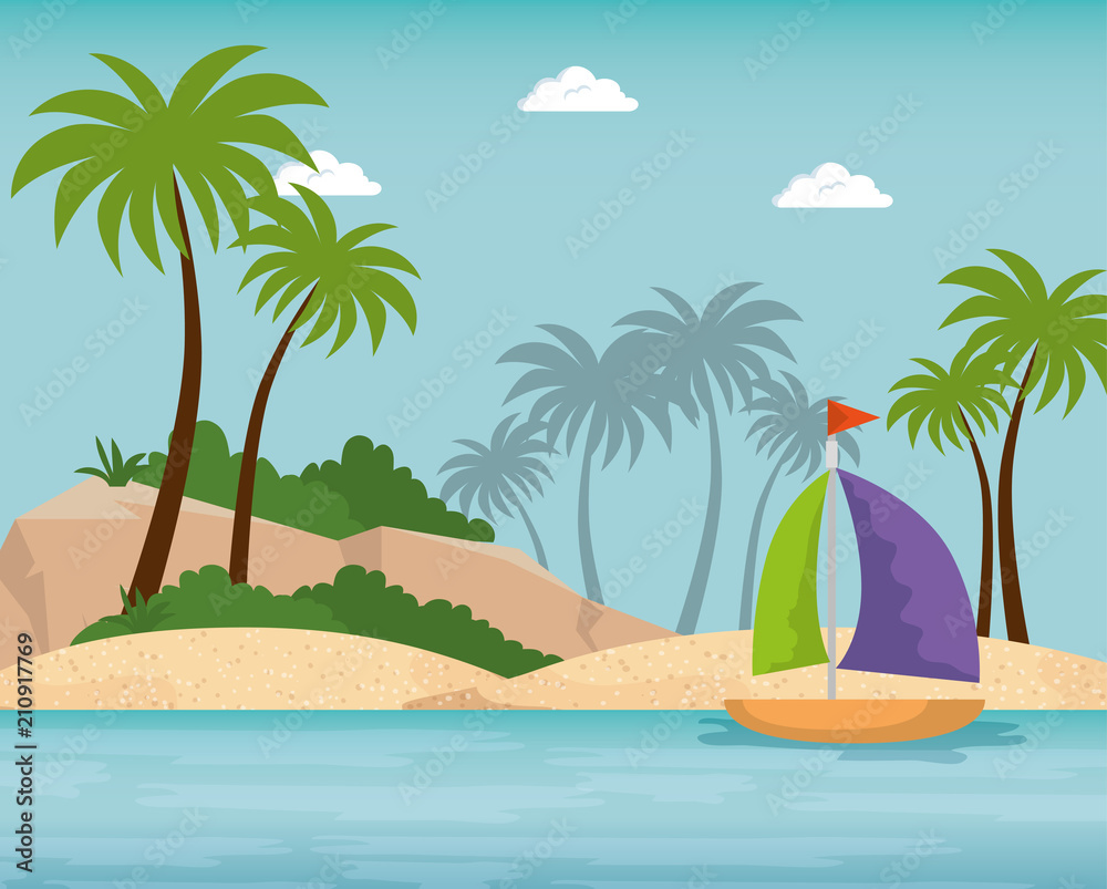 summer time scene with sailboat vector illustration design
