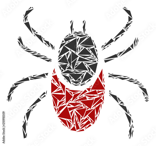 Mite tick mosaic of triangle elements in variable sizes and shapes. Vector triangles are composed into mite tick illustration. Geometric abstract vector illustration.