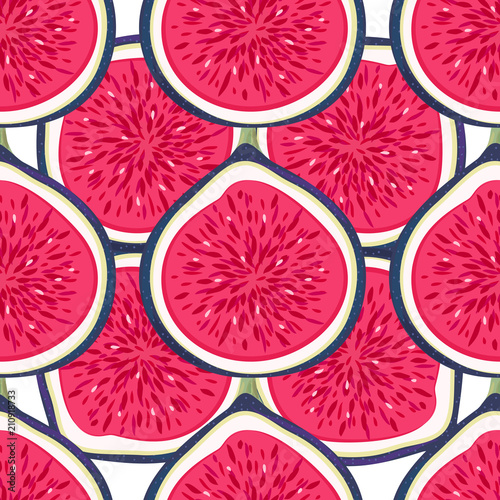 Seamless pattern with halves figs. Healthy dessert. Fruity repeating background. Hand drawn fruits. Exotic food. Wrapping, print on clothes, wallpaper, summer banner. Vector illustration, eps10