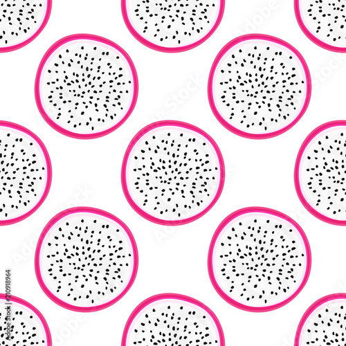 Seamless pattern with tropical fruits. Healthy dessert. Fruity background. Dragon fruit or pitaya. Exotic food. Wrapping, print on clothes, wallpaper, summer banner. Vector illustration, eps10