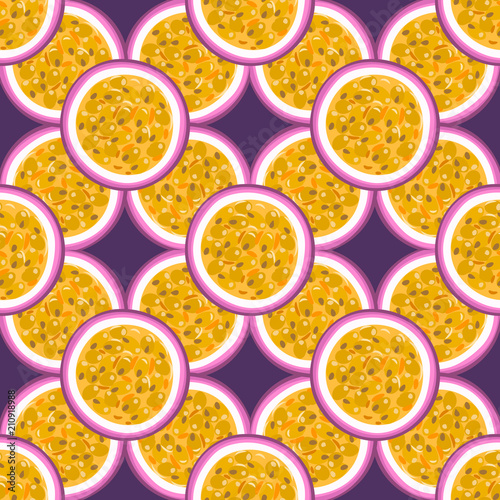Seamless pattern with tropical fruits. Healthy dessert. Fruity background. Passion fruit. Exotic food. Wrapping, print on clothes, wallpaper, summer banner. Vector illustration, eps10