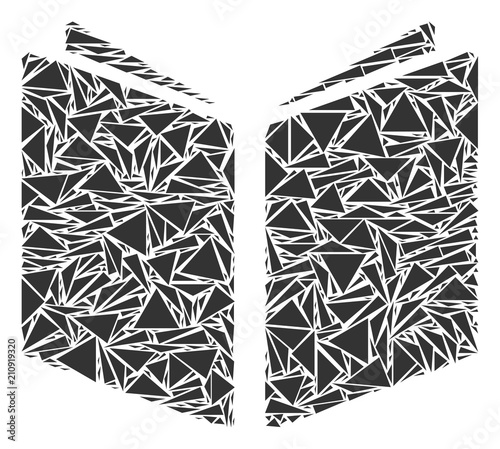 Open book mosaic of triangle elements in different sizes and shapes. Vector triangles are combined into open book mosaic. Geometric abstract vector illustration.