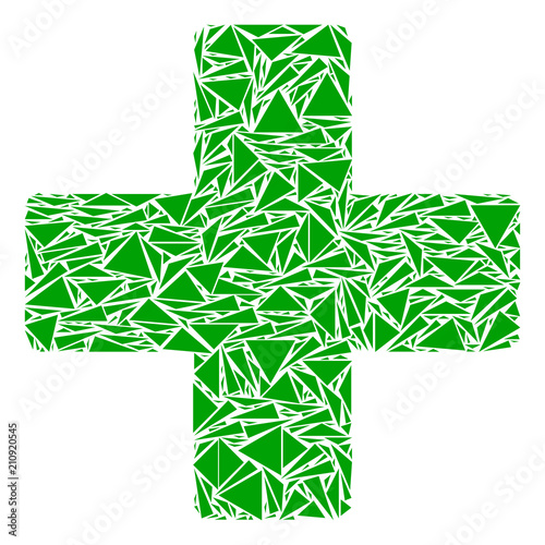 Plus mosaic of triangle items in various sizes and shapes. Vector polygons are united into plus shape. Geometric abstract vector illustration.