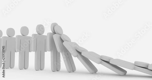 row of 3d humans falling one by one with domino effect on the big black stable boss, 3d rendering