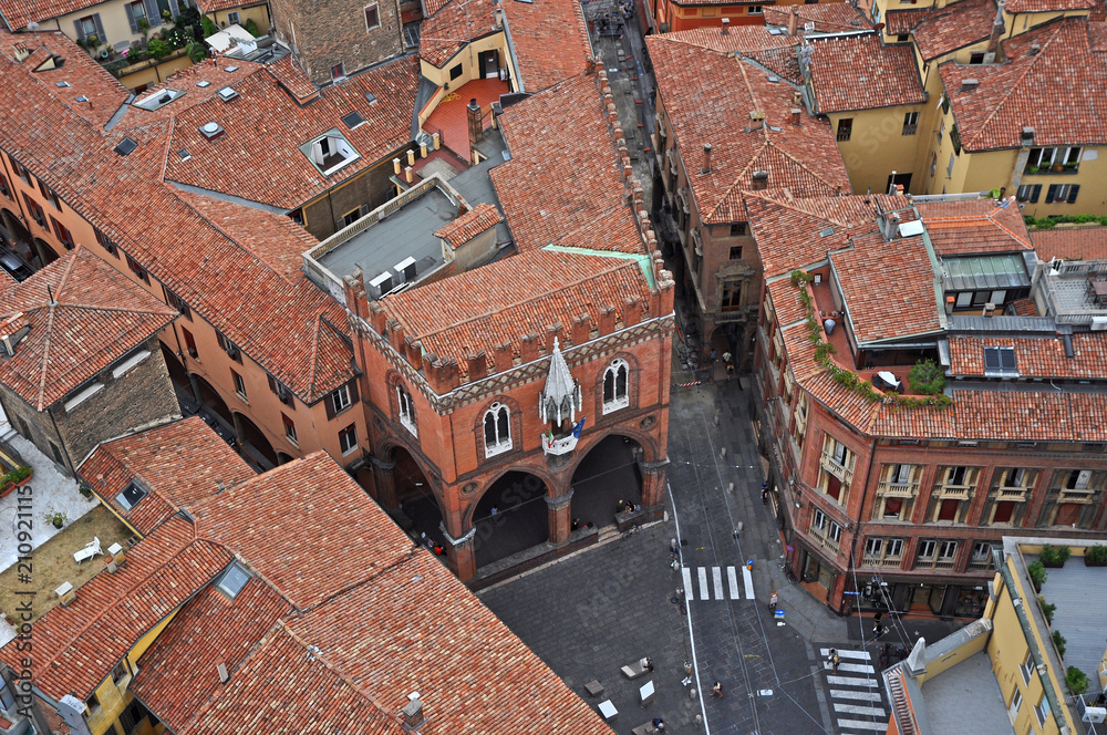 Italy, Bologna Mercanzia square aerial view from Asinelli tower