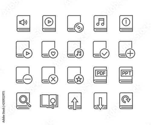 Editable simple line stroke vector icon set,Various book style collections, Multimedia, Organizer,, E-Reader, Audiobook and more.48x48 Pixel Perfect.