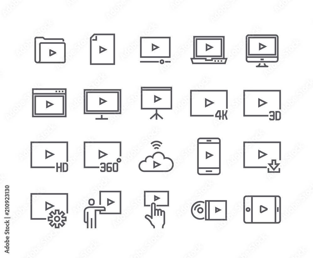 Editable simple line stroke vector icon set,Video Player, Video Streaming 4k,3D,HD TV and more. 48x48 Pixel Perfect.