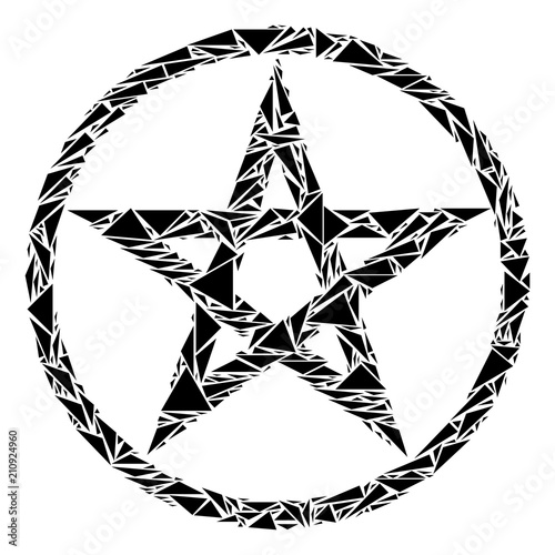 Star pentacle mosaic of triangle items in different sizes and shapes. Vector polygons are composed into star pentacle mosaic. Geometric abstract design concept.