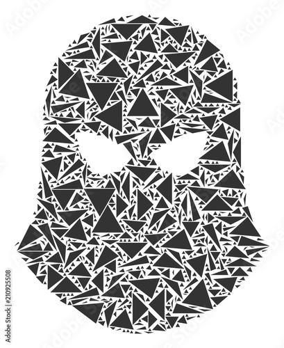 Terrorist balaklava mosaic of triangle items in different sizes and shapes. Vector triangles are composed into terrorist balaklava mosaic. Geometric abstract vector illustration.