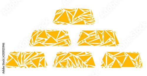 Treasure bricks mosaic of triangle items in variable sizes and shapes. Vector triangles are combined into treasure bricks collage. Geometric abstract vector illustration.