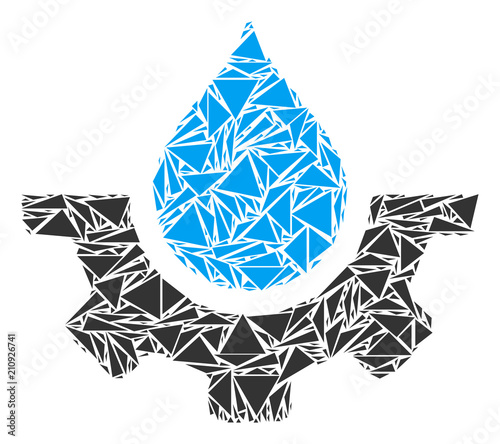 Water drop service cog mosaic of triangle elements in various sizes and shapes. Vector triangles are organized into water drop service cog mosaic. Geometric abstract vector illustration.