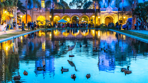 Long exposure of colourful building with reflection in water. Balboa park, San Diego, California. USA.