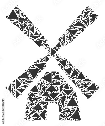 Wind mill collage of triangle elements in variable sizes and shapes. Vector polygons are combined into wind mill illustration. Geometric abstract vector illustration.
