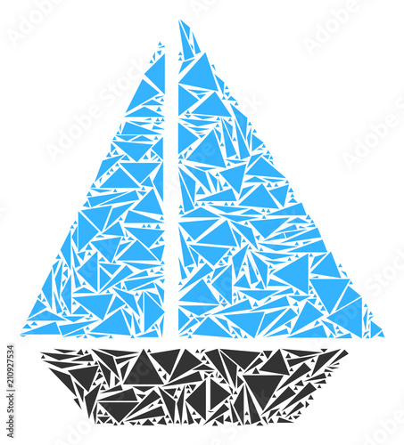 Yacht mosaic of triangle elements in different sizes and shapes. Vector triangles are composed into yacht illustration. Geometric abstract vector illustration.