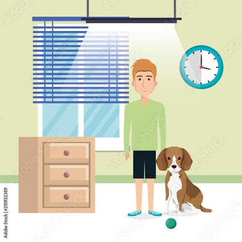 young man with cute mascot in the house vector illustration design
