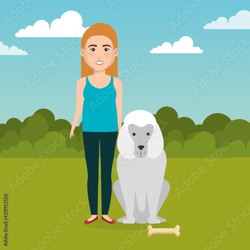 young woman with mascot in the garden vector illustration design
