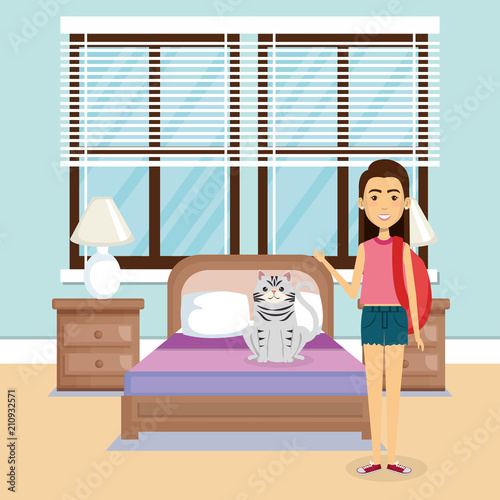 young woman with mascot in the house vector illustration design