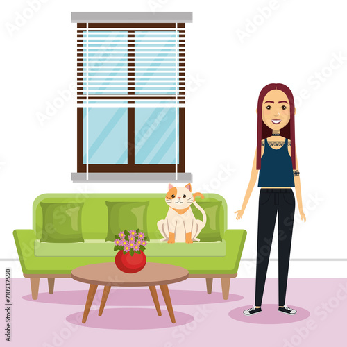young woman with mascot in the house vector illustration design