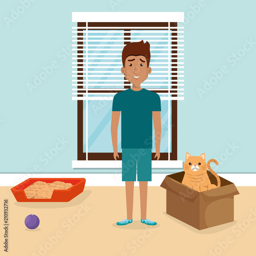 young man with cute mascot in the house vector illustration design