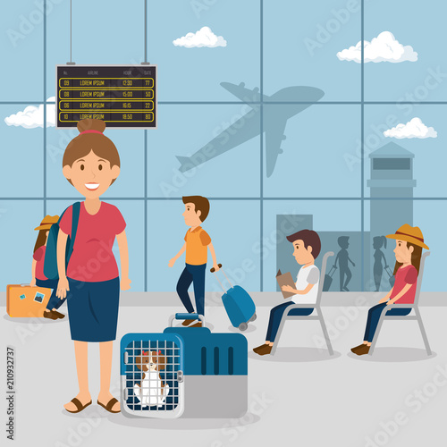 young woman with dog in the airport vector illustration design