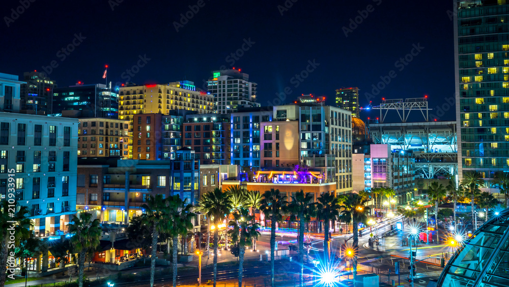 Historic Downtown at night, long exposure of the night vibe. San Diego, California. USA. - obrazy, fototapety, plakaty 