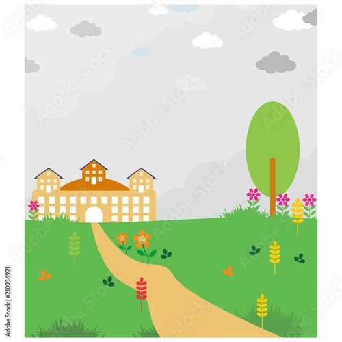 pathway to chateau in the middle of meadow scenery background