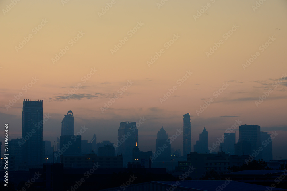 BANGKOK, THAILAND -  JANUARY 16, 2018 : Silhouette of Bangkok city view with beautiful sunrise background