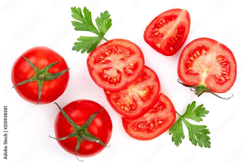 Fototapeta premium tomatoes with parsley leaves isolated on white background. Top view. Flat lay
