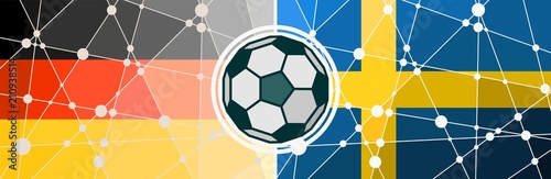 Flags of countries participating to the football tournament. Germany and Sweden national flags. Soccer ball in the center. Connected lines with dots