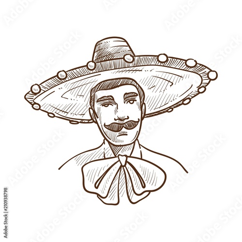 Man wearing sombrero hat and big bow vector illustration