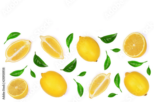 lemon and slice decorated with green leaves isolated on white background. Flat lay, top view