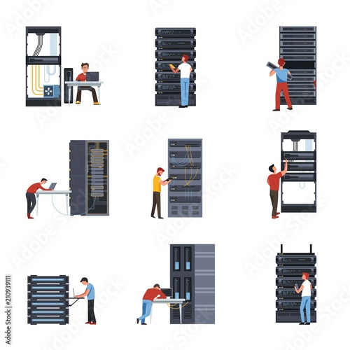Worker in server room vector icons