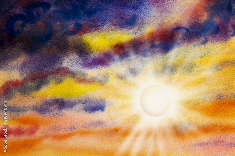 Painting art watercolor landscape of sun beauty in nature Painting art watercolor landscape of sun beauty in nature