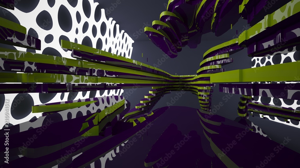 Abstract interior of the future in a minimalist style with colored sculpture. Night view from the backligh. Architectural background. 3D illustration and rendering Abstract interior of the future in a minimalist style with colored sculpture. Night view from the backligh. Architectural background. 3D illustration and rendering