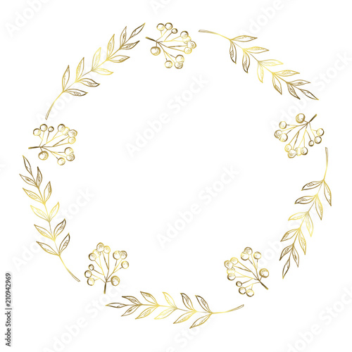 Doodle berry and leaf circle frame on a black background. Wreath of golden leaves. Ready template for design, postcards, printing.