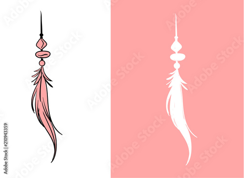 Set of design and decor elements. Detailed bird feather close up. Hand drawn ornate ethnic elements on a pink background. Vector illustration.