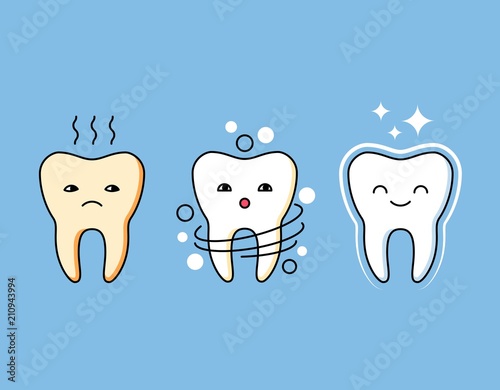 Professional cleaning of plaque illustration. Comic dental personages before and after cleaning. Stomatology assistance, whitening and oral hygiene. Beautiful and healthy teeth vector concept.