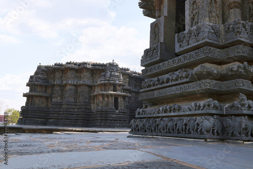 Facade and ornate wall panel relief, Hoysaleshwara temple, Halebidu, Karnataka. View from South. photo