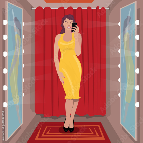 Young girl is measuring long yellow dress in clothing store. Fitting black shoes in shoe store. Selfie in fitting room. Shopping concept. Expressive cartoon style