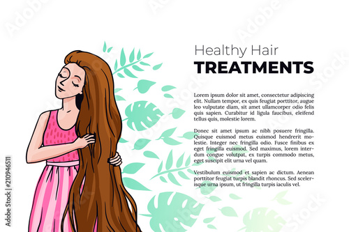 Line and color vector illustration of a girl with long healthy hair. Dreamy beautiful woman with gorgeous hair. Template of article for blog or magazine about healthy hair treatment.