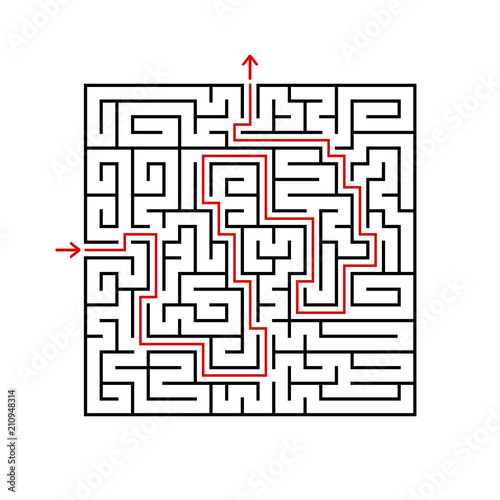 Black square maze with entrance and exit. A game for children and adults. Simple flat vector illustration isolated on white background. With the answer.